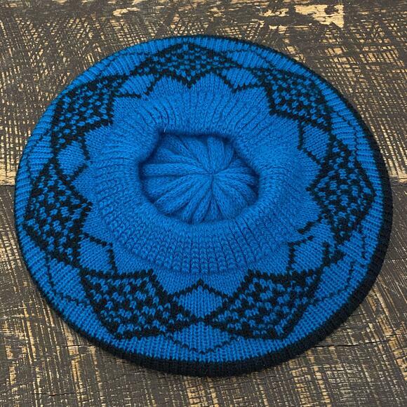 Vintage Blue Knit Beret Top Tassel Black Geometric Pattern Phillipines 80s 90s - Picture 9 of 12